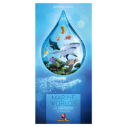 Ark Nova: Marine Worlds Expansion - Rectangular game box with blue aquatic background featuring a water droplet containing marine animals like a shark,.