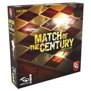 Match of the Century - Dark wood-themed strategy board with highlighted square tiles on game box labeled "Match of the Century".