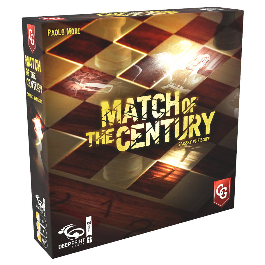 Match of the Century - Dark wood-themed strategy board with highlighted square tiles on game box labeled "Match of the Century".