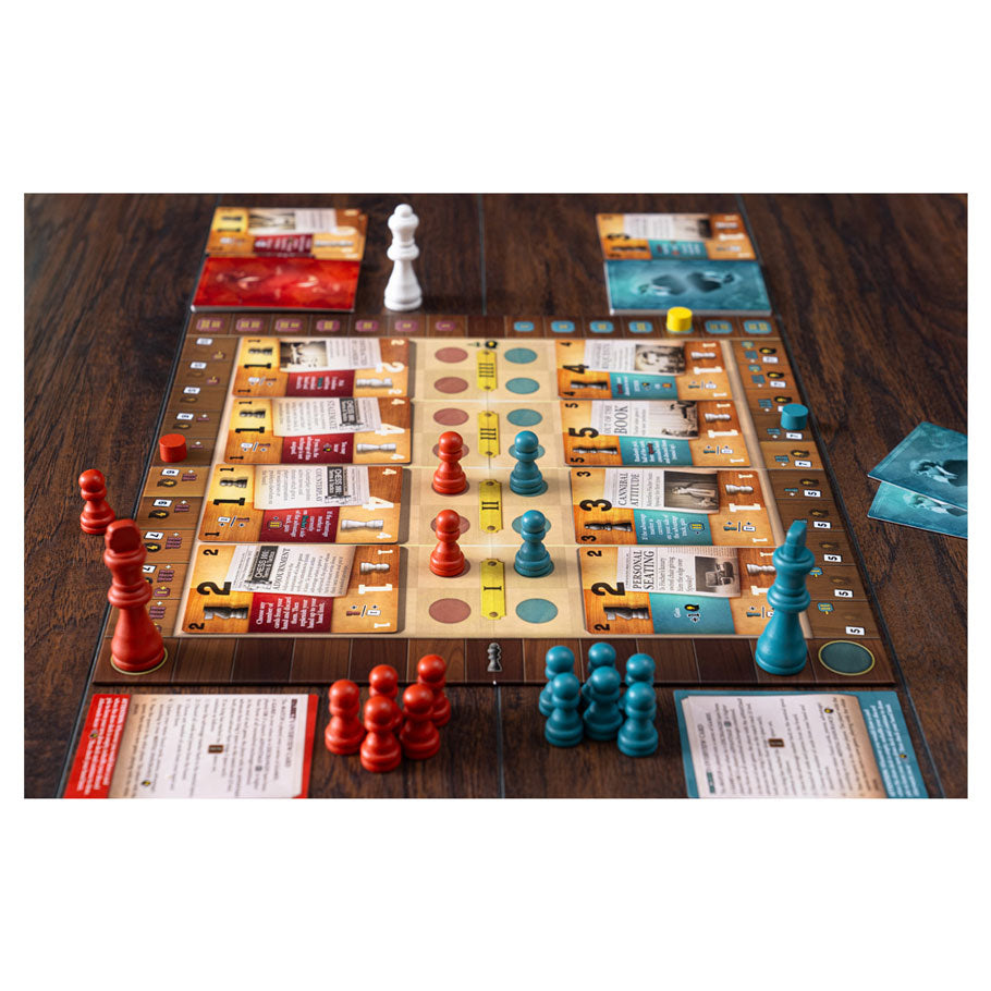 Match of the Century - Square board game with tan and brown grid, featuring red and blue chess-like pieces and cards on dark wood surface.