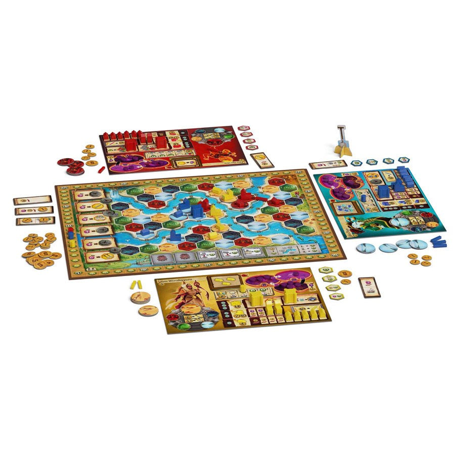 Terra Nova - Terra Nova strategy board game with colorful hex map, player boards, tokens, cards, and rulebook laid out.