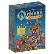 Orleans: Invasion Expansion - Blue rectangular box with medieval city illustration and the title Orleans Invasion expansion in gold and white letters.