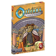 Orleans: Trade & Intrigue Expansion - Orleans Trade & Intrigue Expansion box with medieval-themed artwork featuring a cloaked trader holding a green bottle in a.