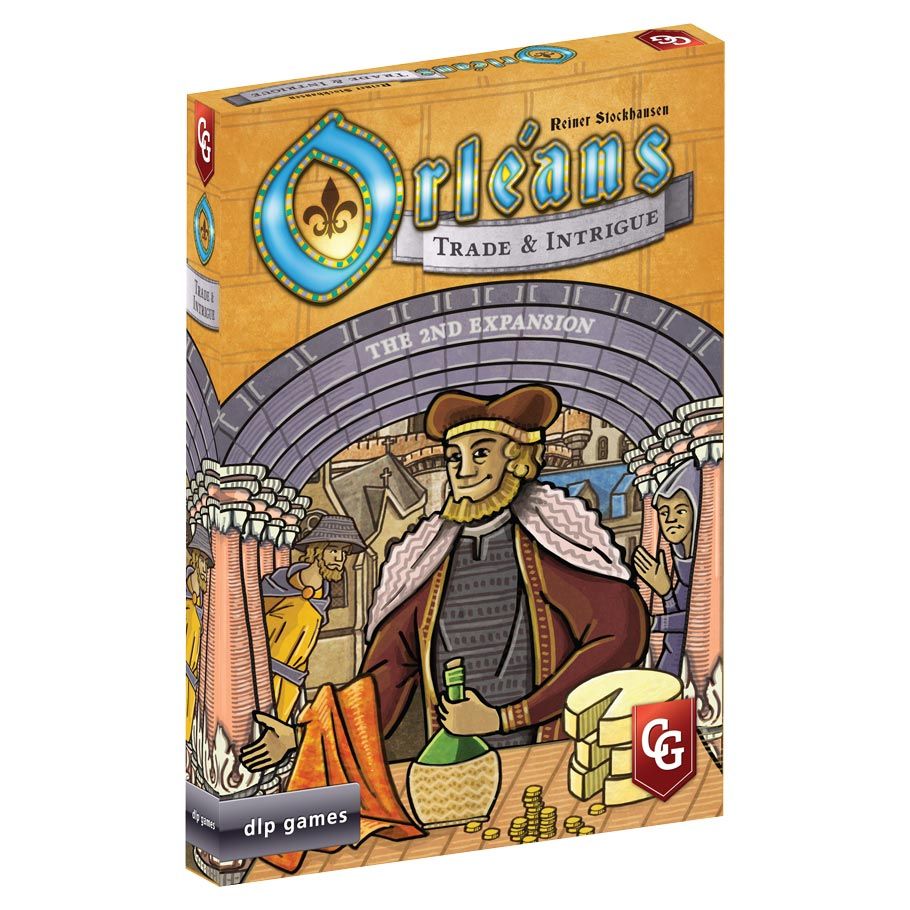 Orleans: Trade & Intrigue Expansion - Orleans Trade & Intrigue Expansion box with medieval-themed artwork featuring a cloaked trader holding a green bottle in a.