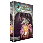 Orleans: The Plague Expansion - The Plague Expansion featuring a cloaked figure in a plague doctor mask holding a candle in a dark medieval stone hallway.