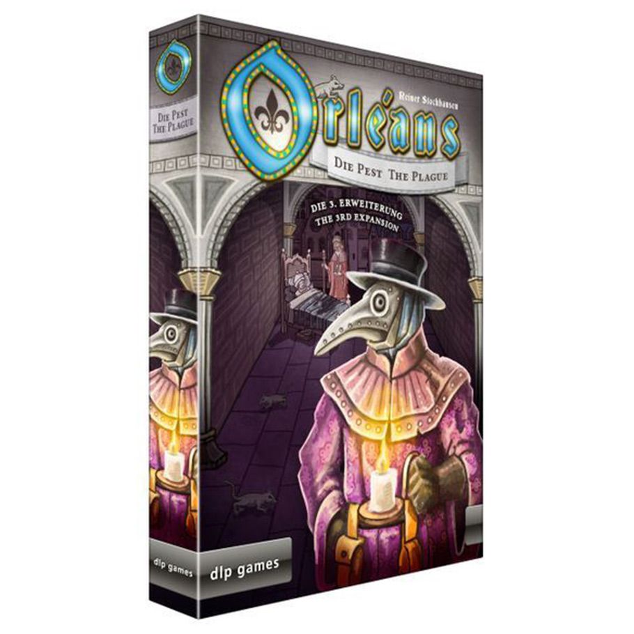 Orleans: The Plague Expansion - The Plague Expansion featuring a cloaked figure in a plague doctor mask holding a candle in a dark medieval stone hallway.