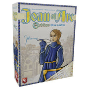 Joan of Arc: Orleans Draw & Write - Board game box featuring Joan of Arc illustration in blue armor holding a quill pen against a medieval town background.