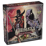 Pagan: Fate of Roanoke - Board game box featuring dark, stylized artwork of a pilgrim with a rifle and a hooded figure holding a glowing eye on a.