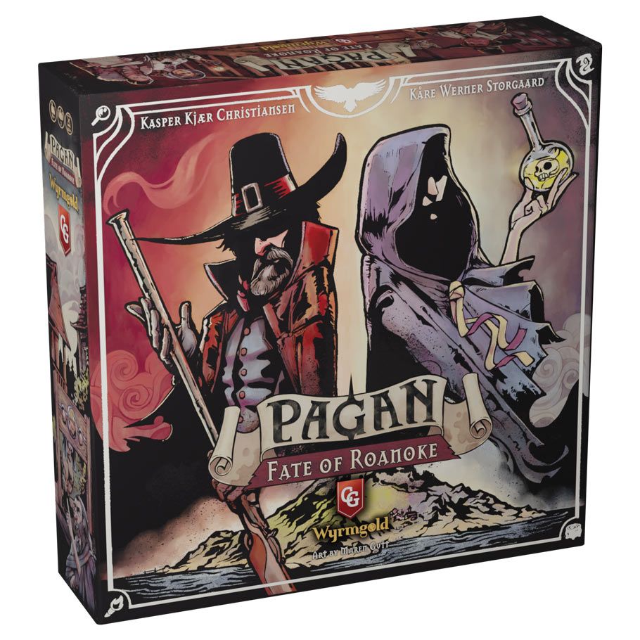 Pagan: Fate of Roanoke - Board game box featuring dark, stylized artwork of a pilgrim with a rifle and a hooded figure holding a glowing eye on a.