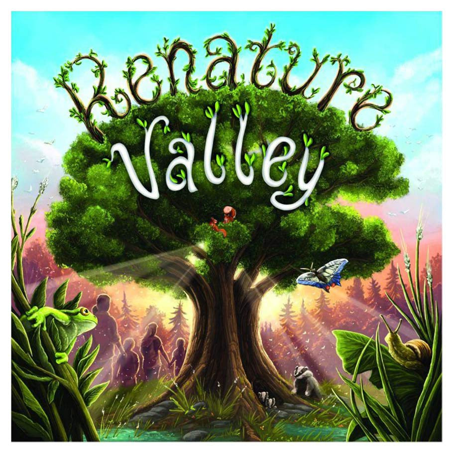 Renature Valley Expansion - Colorful game box cover featuring a large green tree with sprawling branches and roots, a butterfly, and forest plants at.