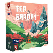 Tea Garden - Square board game box for Tea Garden with colorful illustration of green hills, red trees, blue rocky peaks, and a pagoda.