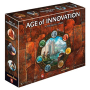 Age of Innovation - Square board game box with rust-colored, textured background showing a circular icon design featuring various colored tokens