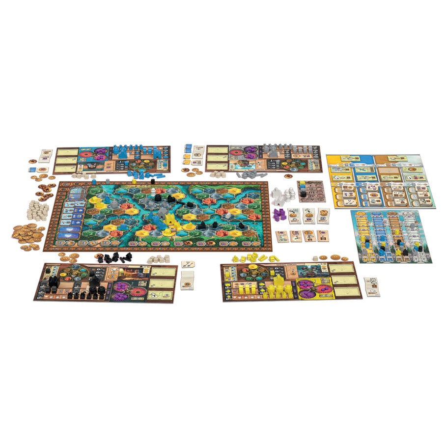 Age of Innovation - Colorful strategy board game with a detailed map, player boards, cards, tokens, and wooden pieces arranged for play.