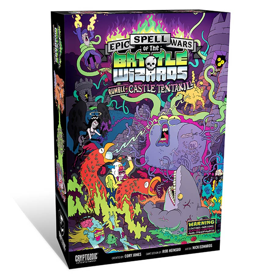 Epic Spell Wars of the Battle Wizards II Rumble at Castle Tentakill - Purple box with colorful fantasy artwork featuring wizards, monsters, and tentacles for a card party game.