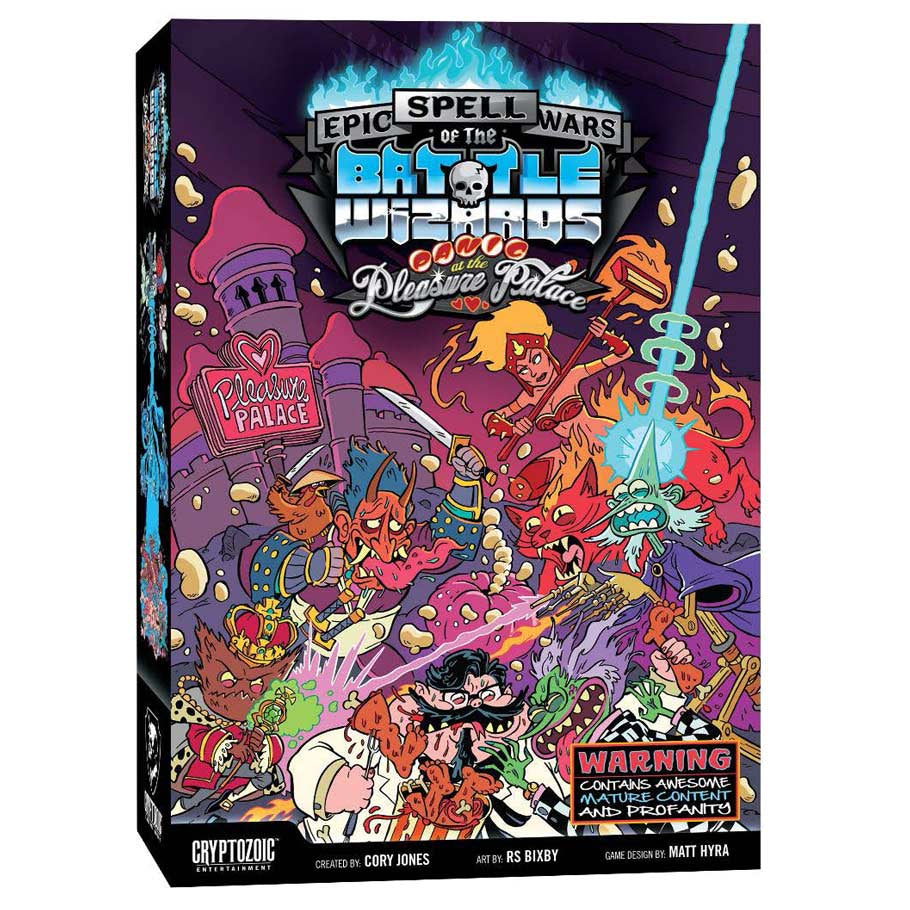 Epic Spell Wars of the Battle Wizards IV Panic at the Pleasure Palace - Colorful box art featuring cartoon wizards and monsters in chaotic battle with purple and blue palace ruins in the.