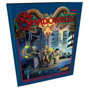 Shadowrun: First Edition 35th Anniversary - Hardcover book with a blue cover featuring a fantasy cyberpunk cityscape, a horned skull, and armed characters under the.