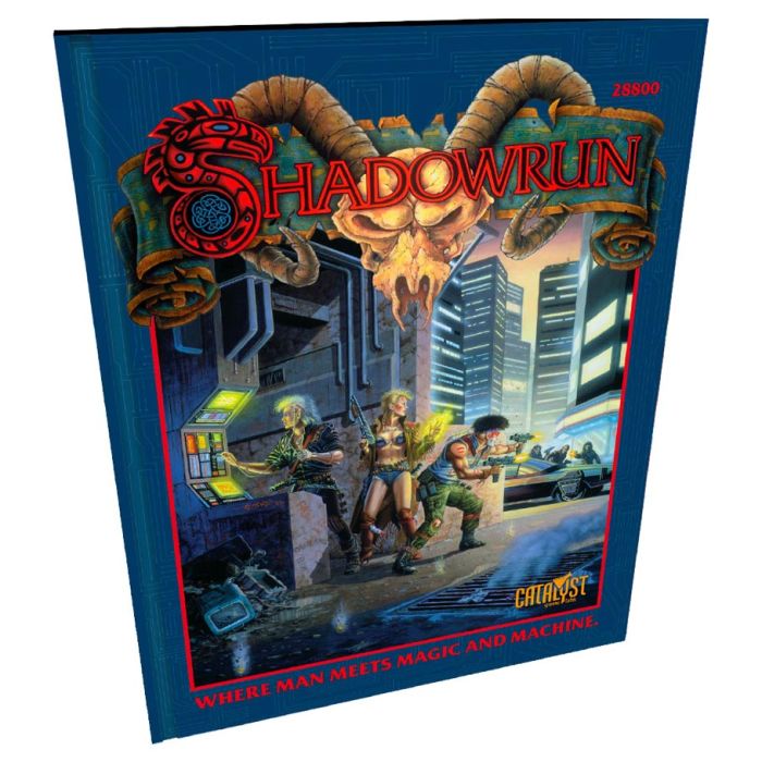 Shadowrun: First Edition 35th Anniversary - Hardcover book with a blue cover featuring a fantasy cyberpunk cityscape, a horned skull, and armed characters under the.