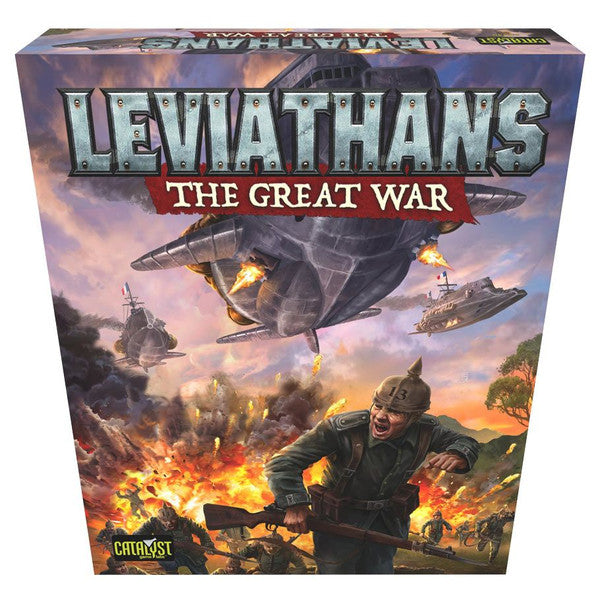 Leviathans: The Great War Starter Box (PREORDER) - The Great War board game box with airships, warships, and a soldier amid fiery battlefield artwork.