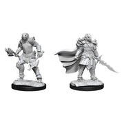 D&D Nolzur's Marvelous Miniatures: Dragonborn Fighter Female - Two unpainted gray plastic miniatures of female Dragonborn fighters in detailed armor, one wielding an axe and shield, the.