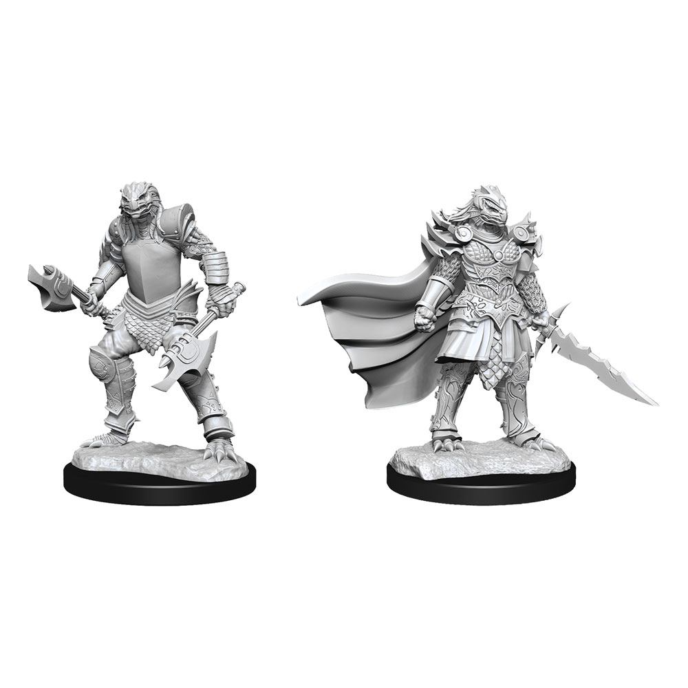 D&D Nolzur's Marvelous Miniatures: Dragonborn Fighter Female - Two unpainted gray plastic miniatures of female Dragonborn fighters in detailed armor, one wielding an axe and shield, the.
