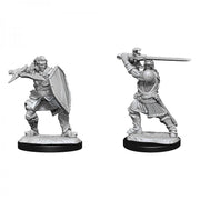 D&D Nolzur's Marvelous Minis: Human Paladin Male - Unpainted gray resin mini of male human paladin in armor with shield and raised sword, dynamic battle pose.