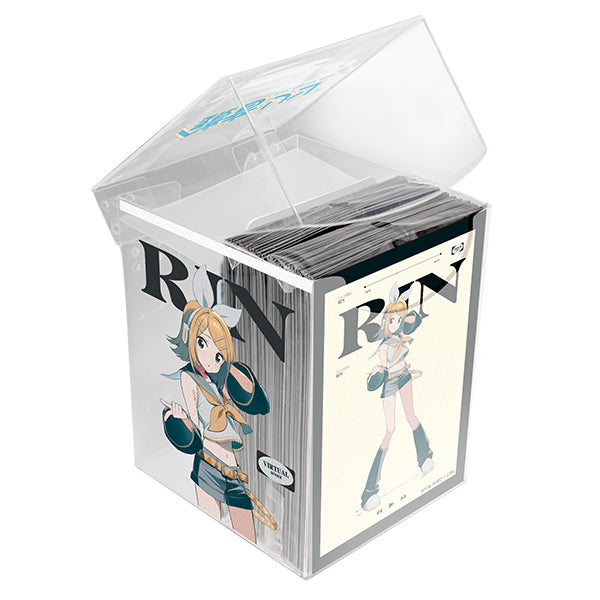 Ultra Pro Deck Protectors in Clear Box: Hatsune Miku Retro Soundscapes - Rin (PREORDER) - Clear plastic deck box with illustrated card sleeves featuring anime character Rin in teal and white outfit, black gloves,.