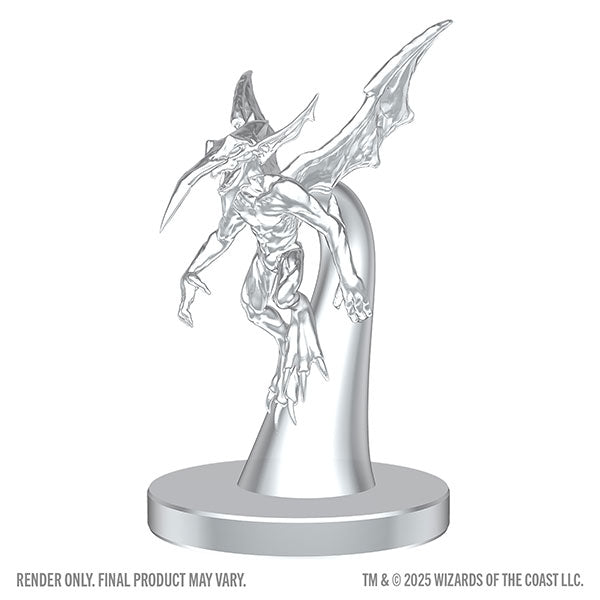 D&D Nolzur's Marvelous Miniatures: Ice Mephit & Dust Mephit (PREORDER) - Unpainted miniature of a winged creature with sharp claws, pointed tail, and elongated beak on a round base.