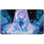 Playmat: MTG Stitched- Hatsune Miku Retrospective- Spring- Inspiring Vantage - Rectangular playmat featuring Hatsune Miku with flowing turquoise hair, sitting under a crescent moon and starry sky in.