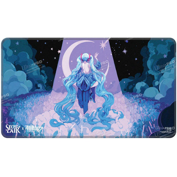 Playmat: MTG Stitched- Hatsune Miku Retrospective- Spring- Inspiring Vantage - Rectangular playmat featuring Hatsune Miku with flowing turquoise hair, sitting under a crescent moon and starry sky in.