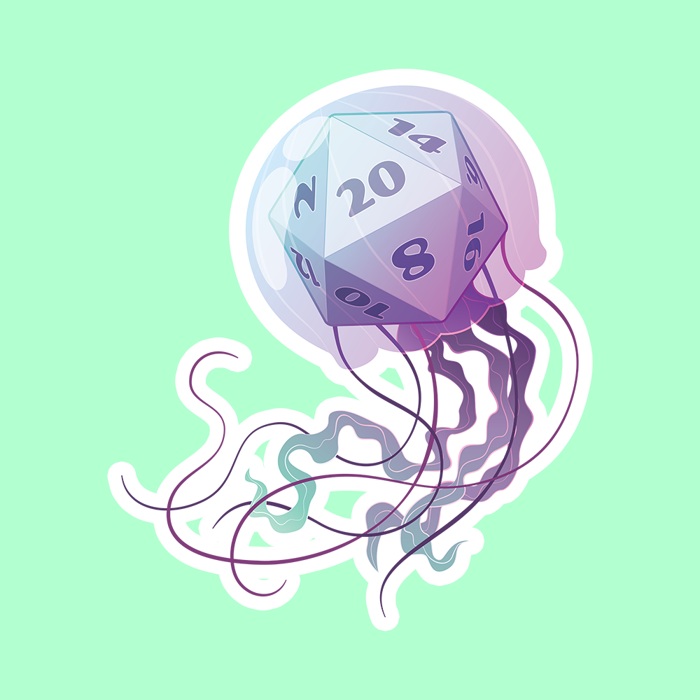 Jellyfish D20 DnD Sticker - Glossy sticker featuring a translucent purple d20 dice encased in a jellyfish bell with flowing tentacles on a light green.