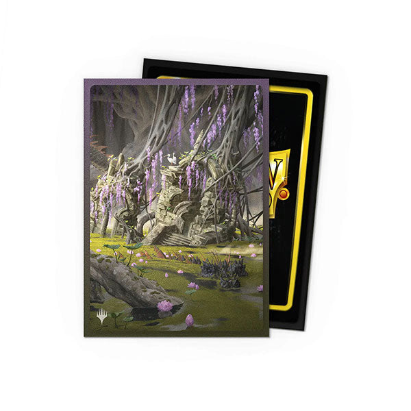 Dragon Shield Standard Dual Matte Art Sleeves 100ct - MTG Landfall Series - Verdant Catacombs (PREORDER) - Matte card sleeve featuring dark forest landscape with twisted trees and purple accents, standard size, pack of 100.