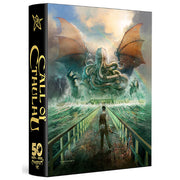 Call of Cthulhu: Chaosium's 50th Anniversary Slipcase Set (PREORDER) - Slipcase set with dark spine featuring gold text and pentagram, cover art shows man facing giant winged sea monster over.