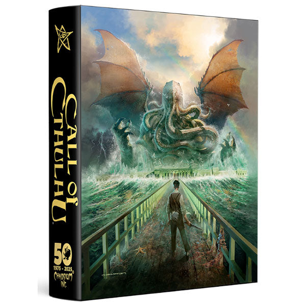 Call of Cthulhu: Chaosium's 50th Anniversary Slipcase Set (PREORDER) - Slipcase set with dark spine featuring gold text and pentagram, cover art shows man facing giant winged sea monster over.