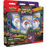Pokémon TCG: Mega Battle Deck - Mega Gengar EX - Mega Battle Deck packaging featuring Mega Gengar EX with purple and black color scheme, including three Pokémon card packs.