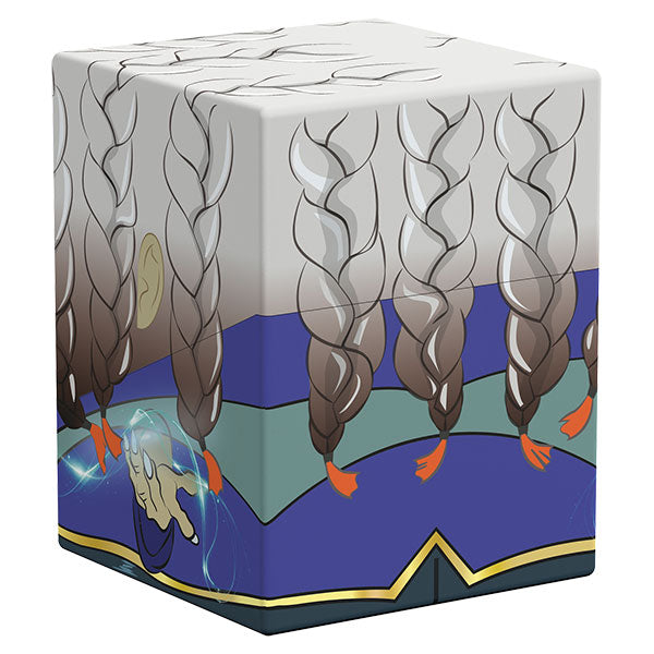 Squaroes 100+ Boulder: Secrets of Strixhaven - Tam (PREORDER) - Rectangular deck box with braided gray hair design on white background and blue base trim with gold star detail.