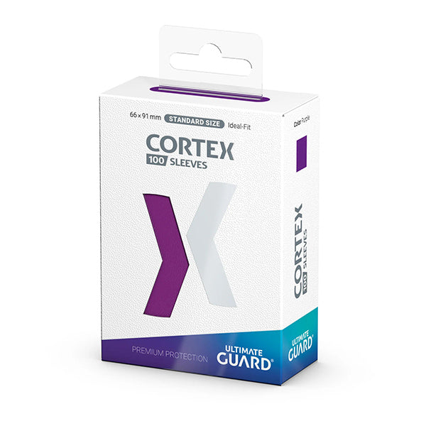 Ultimate Guard Cortex Deck Protectors 100 Count Purple - White rectangular box packaging with purple and gray "Cortex" logo, labeled Ultimate Guard card sleeves, 100 count.