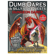 Dumb Dares and Silly Side Quests: Dungeon Dares Pack - Dungeons & Dragons themed card pack with bold title, fiery red dragon, wizard, and castle background.
