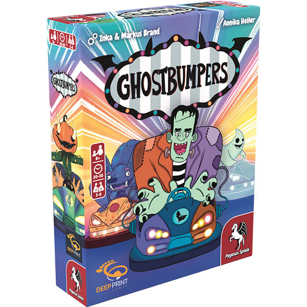Ghostbumpers (PREORDER) - Colorful board game box featuring cartoon ghosts and a Frankenstein character driving a bumper car with the title.