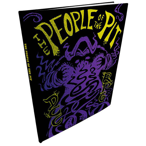 Dungeon Crawl Classics #68: People of the Pit (Limited Edition Foil Hardcover) (PREORDER) - Black hardcover book with yellow and purple stylized title "People of the Pit" and swirling purple monster illustration on.
