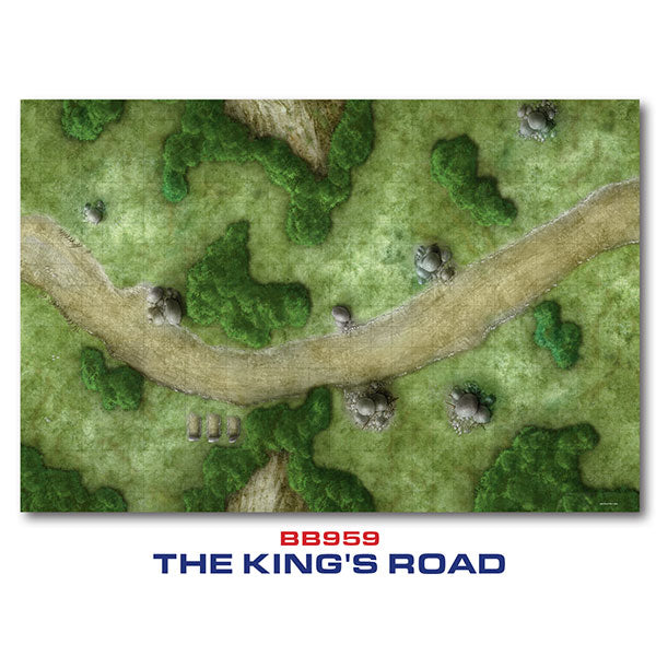 Gale Force Nine RPG Mat: The King's Road (PREORDER) - RPG gaming mat with a winding dirt road flanked by green grass, trees, and scattered rocks.