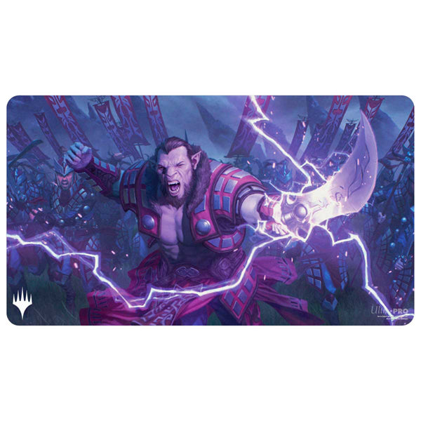 MTG Playmat - Tarkir: Dragonstorm - Zurgo Stormrender - Rectangular MTG playmat featuring a muscular warrior wielding a glowing axe with purple lightning against a dark battlefield