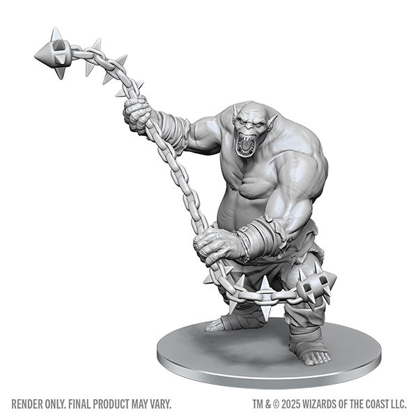 D&D Nolzur's Marvelous Miniatures: Ogre Chain Brute - Gray plastic miniature of a muscular ogre wielding a large spiked chain weapon in a battle-ready stance.