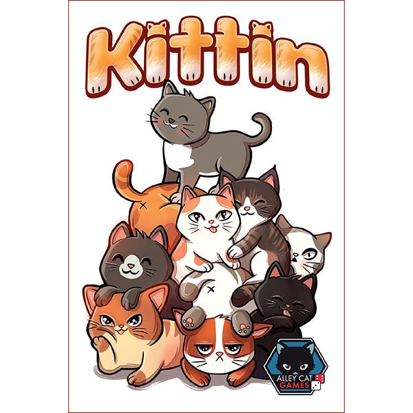 Kittin (PREORDER) - Colorful cartoon illustration of eight playful kittens stacked in a pyramid with the bold orange title "Kittin" above them.
