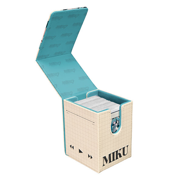 Ultra Pro Alcove Flip 100+ Deckbox: Hatsune Miku Retro Soundscapes (PREORDER) - Beige and teal rectangular deck box with grid pattern, "MIKU" text, and anime character emblem on front, open lid showing.
