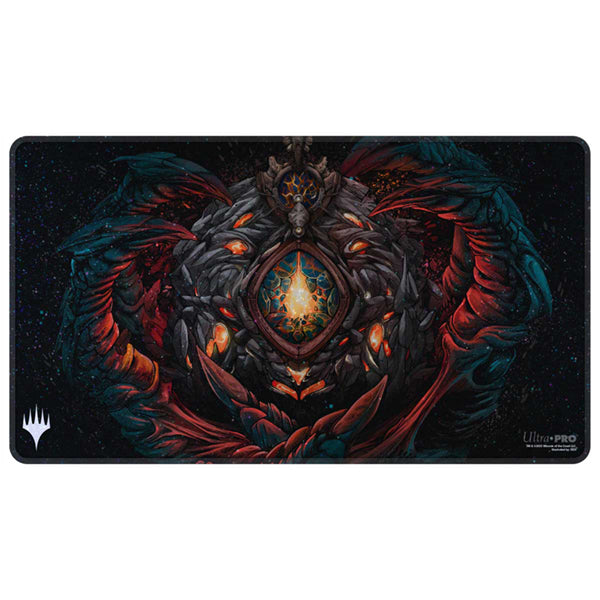 MTG Playmat - Tarkir: Dragonstorm - Mox Jasper - Holofoil - Rectangular playmat with intricate dark dragon-themed artwork featuring fiery red, orange, and teal accents surrounding a.