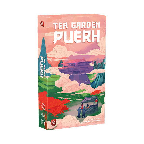 Tea Garden: Puerh (PREORDER) - Rectangular board game box with colorful landscape art of mountains, clouds, and people harvesting tea under a pink sky,.