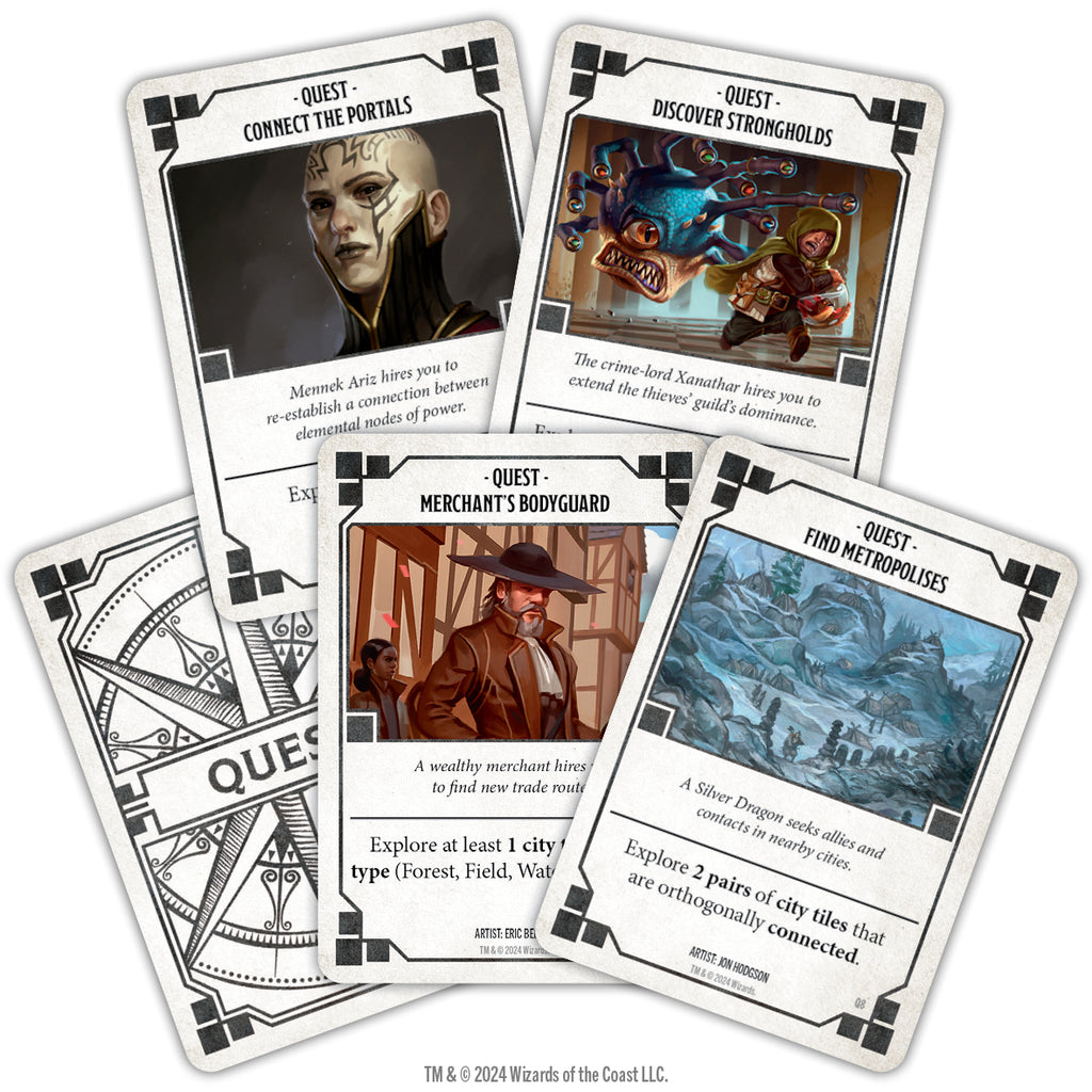 Dungeons & Dragons: Edge of the Realms - Dungeons & Dragons card game with illustrated quest cards featuring characters, creatures, and locations in a fantasy style.