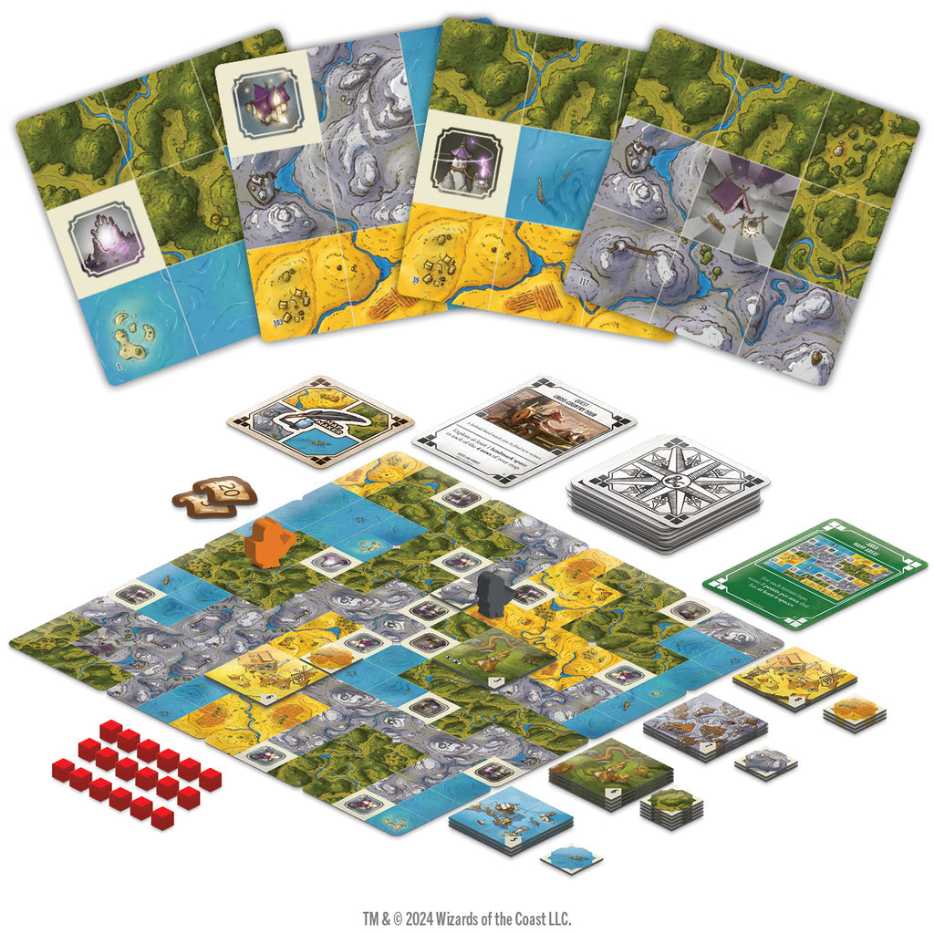 Dungeons & Dragons: Edge of the Realms - Colorful game board with modular square tiles depicting forests, mountains, and water, accompanied by cards, red tokens, and
