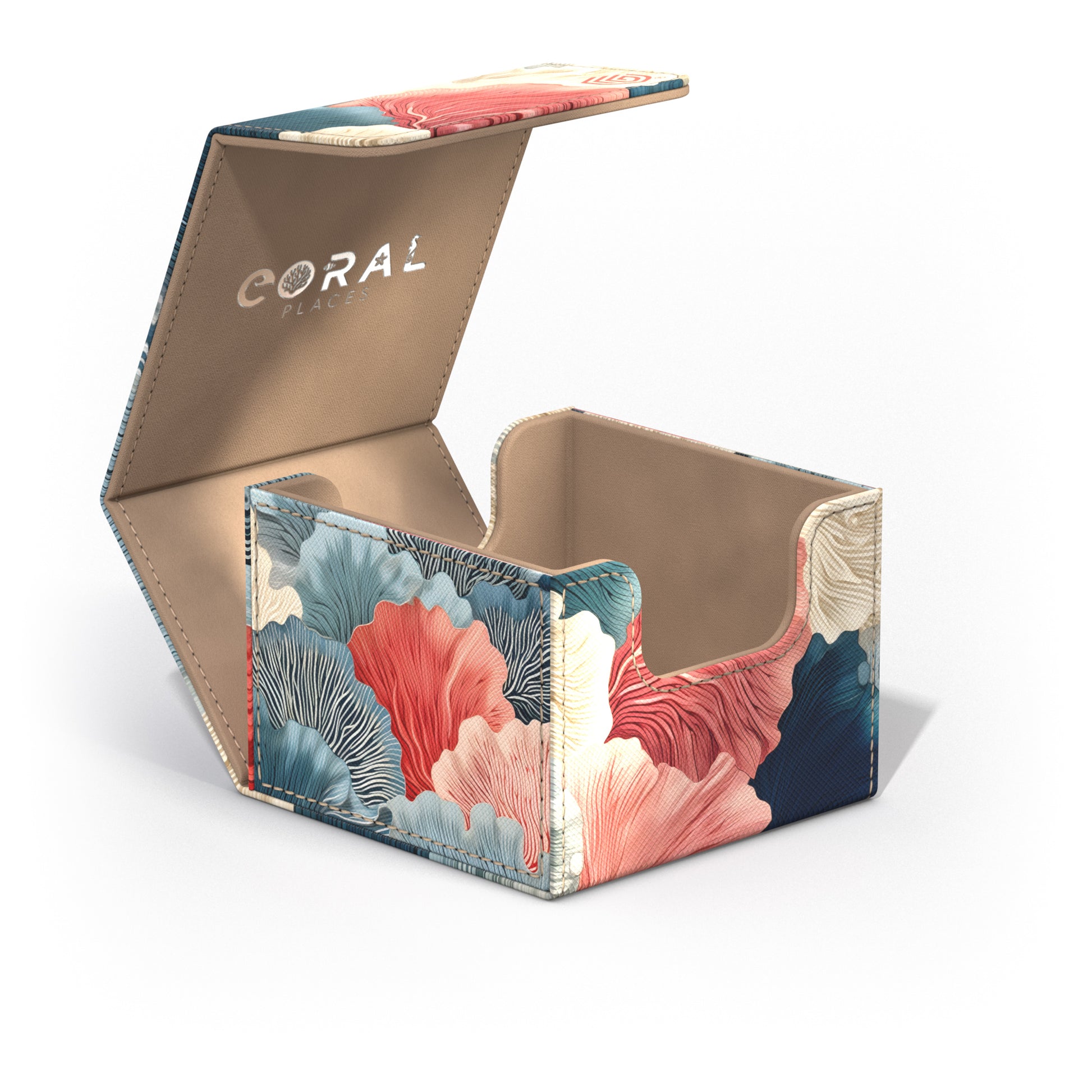 Ultimate Guard: Sidewinder 100+ Standard Coral Places- Reef Flowers - Compact rectangular deck box with floral coral, blue, and beige reef pattern, labeled "CORAL" on inside flap.