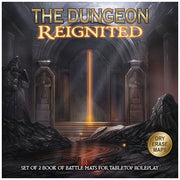 The Dungeon Reignited (PREORDER) - Dark fantasy battle mat set packaging with glowing doorway, stone pillars, rocky terrain, and gold text The Dungeon.